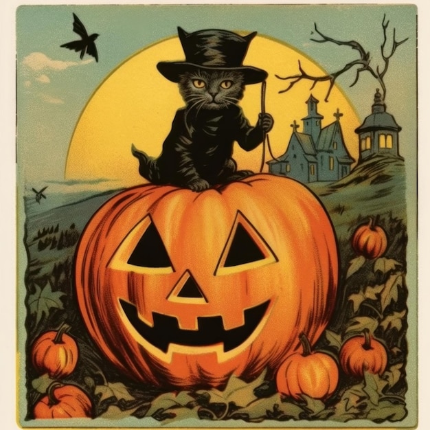 un poster di Halloween per un gatto su una zucca.