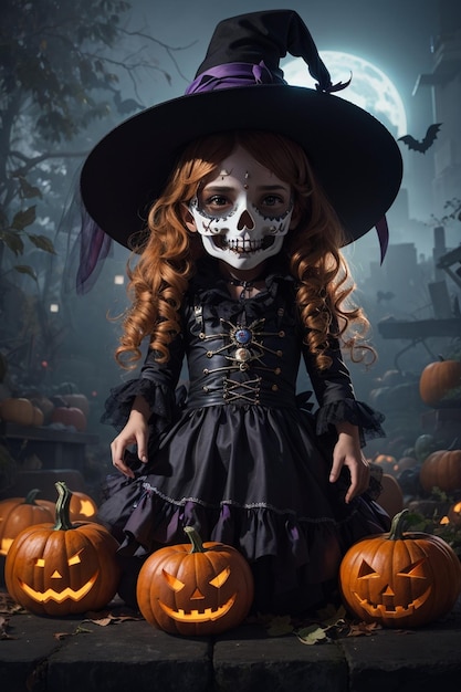 un poster di Halloween per una bambina con un cappello da strega e zucche.