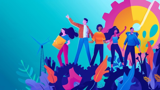 un poster di persone che ballano davanti a una turbina eolica