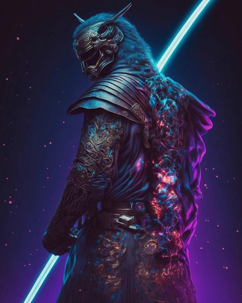 Un poster di Star Wars che ha un personaggio di Star Wars in viola e blu.