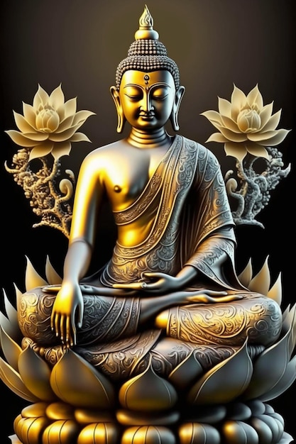 Un poster di un buddha con dei fiori sopra