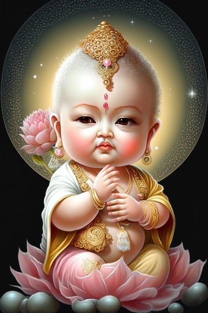 Un poster di un buddha con un fiore di loto sul fondo.