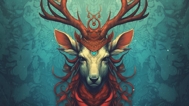 Un poster di un cervo con la testa blu e le corna