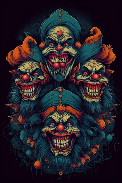 Un poster di un clown con molte facce e le parole raccapriccianti clown sul fondo.