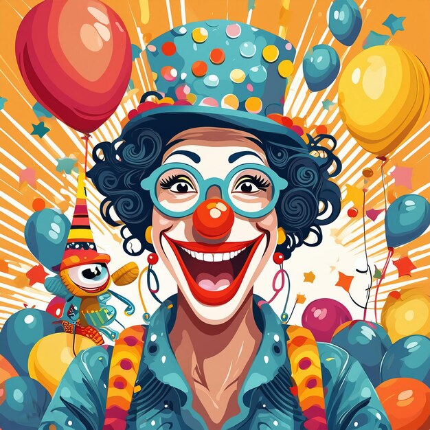 un poster di un clown con un clown su di esso e un clowne con palloncini sullo sfondo