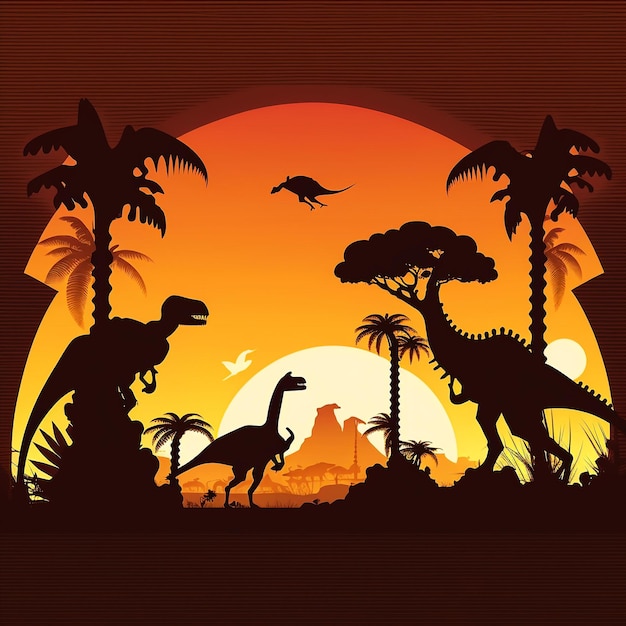 Un poster di un dinosauro con un tramonto sullo sfondo.