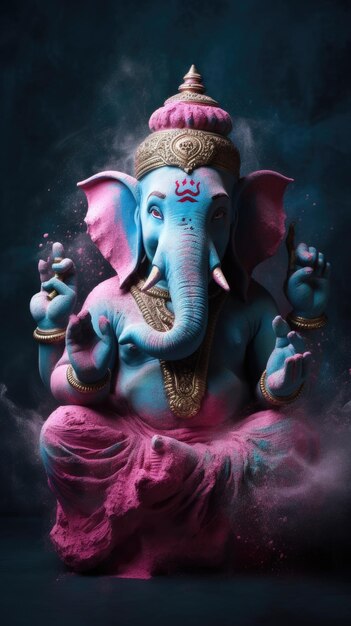 Un poster di un elefante blu con vernice rosa e la parola dio sopra.