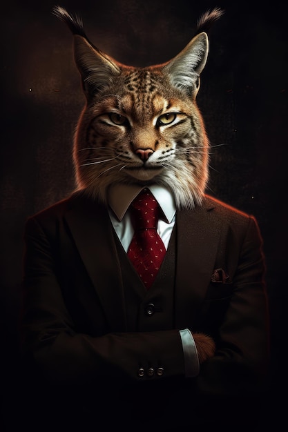 Un poster di un gatto in giacca e cravatta rossa.