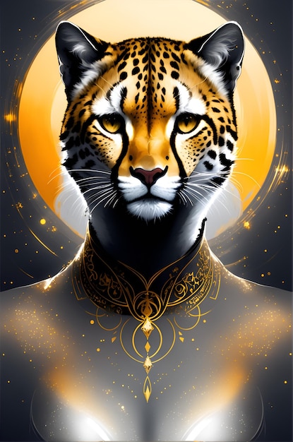 Un poster di un giaguaro con una collana d'oro e la parola giaguaro sopra.