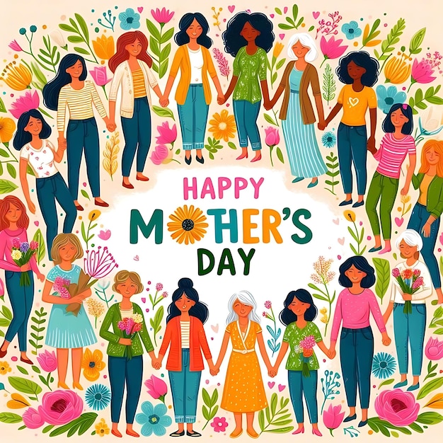 un poster di un gruppo di donne con fiori e le parole felice giornata delle madri