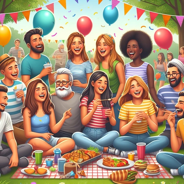 un poster di un gruppo di persone con palloncini e una bandiera che dice la festa di compleanno