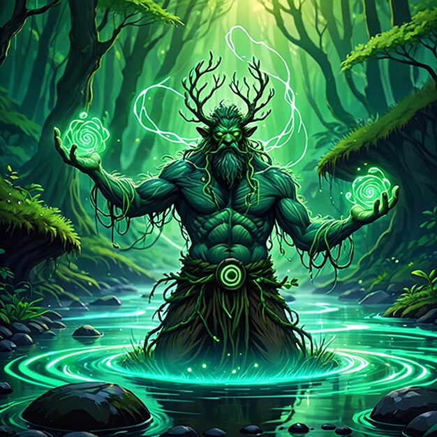 un poster di un mostro con uno sfondo verde con un cerchio verde di alberi e un circolo verde