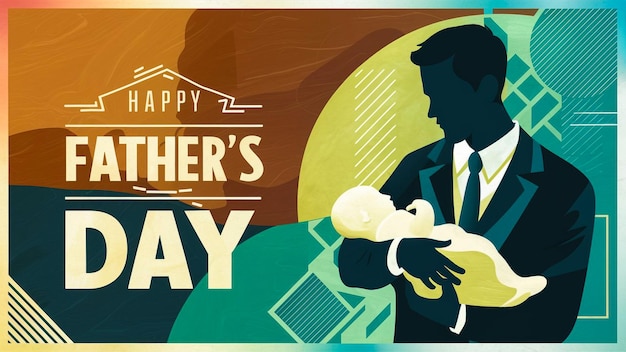 un poster di un padre che tiene in braccio il suo bambino e sorride