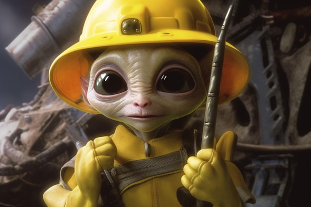 Un poster di un piccolo alieno con un casco giallo a