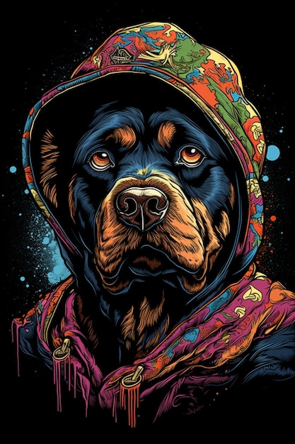 Un poster di un rottweiler con un cappuccio colorato.