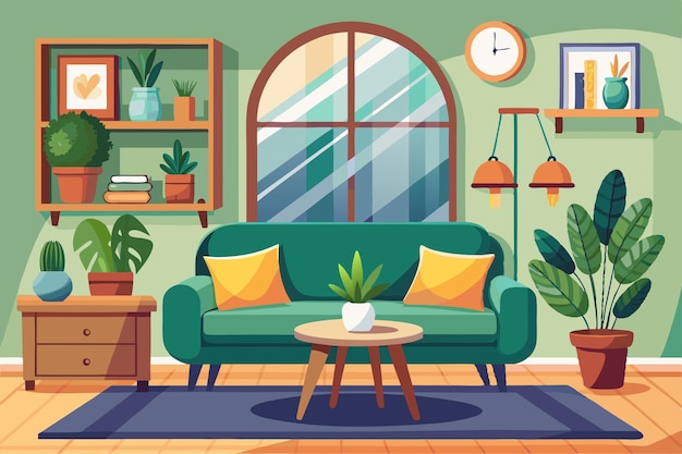 un poster di un soggiorno con un divano verde e un orologio