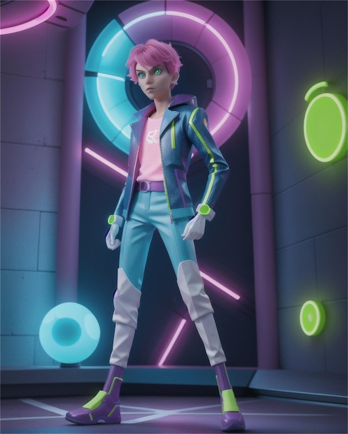 un poster di un uomo con i capelli viola e un cartello al neon che dice "rosa"