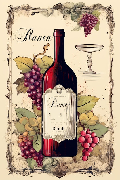 un poster di una bottiglia di vino con uva e un bicchiere