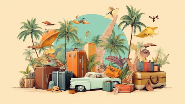 Un poster di una collezione da viaggio di valigie e valigie.