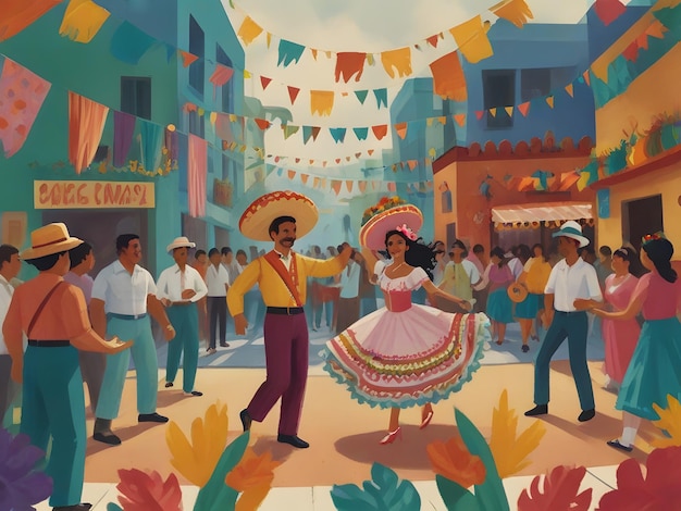 un poster di una coppia di ballerini davanti a una strada messicana
