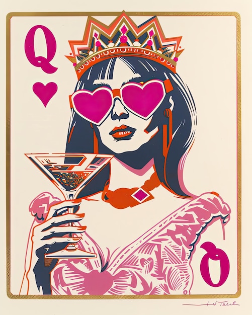 un poster di una donna che tiene un bicchiere di martini con cuori e la parola "amore" sopra