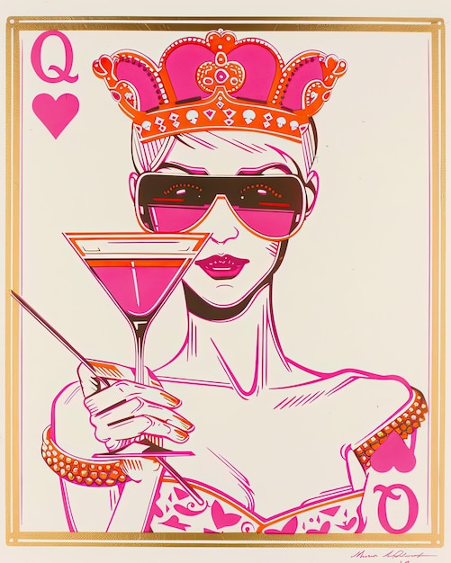un poster di una donna che tiene un bicchiere di martini con labbra rosa e occhiali da sole rosa