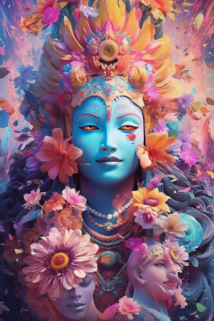 Un poster di una donna con fiori sul viso.