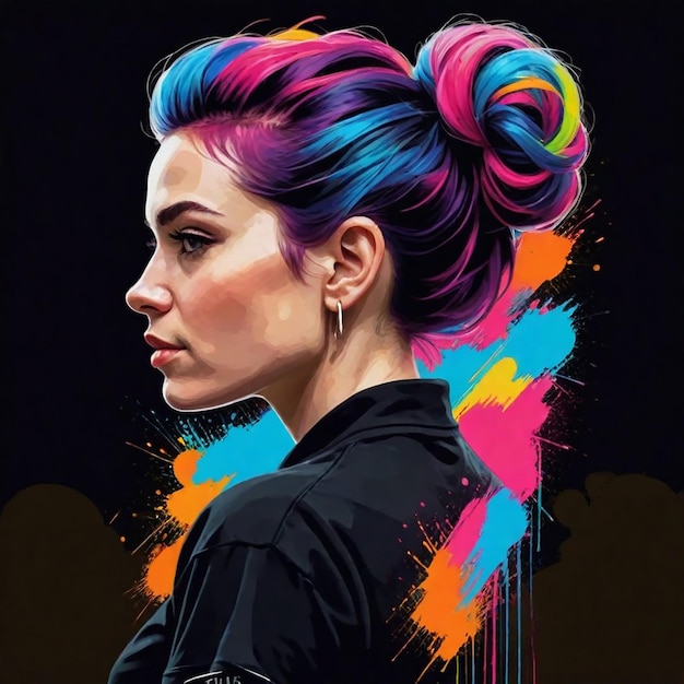 un poster di una donna con i capelli colorati e una camicia nera con la parola " lei è citata "