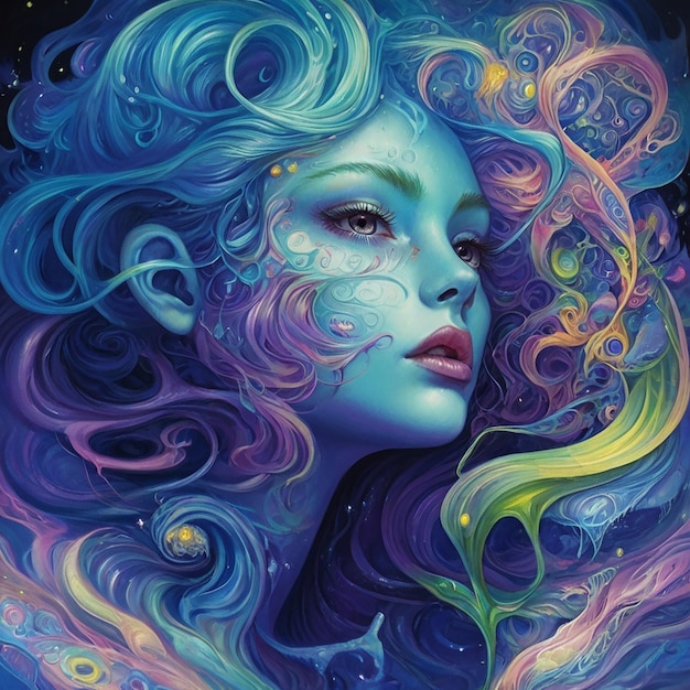 un poster di una donna con i capelli colorati e una faccia blu ai generato