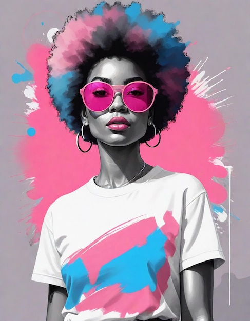 un poster di una donna con i capelli viola e gli occhiali da sole rosa