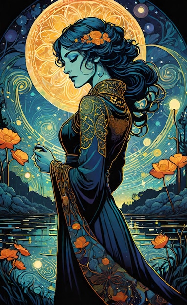 un poster di una donna con la luna e le stelle