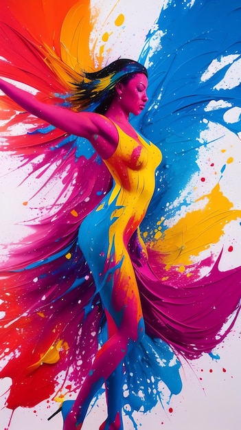 Un poster di una donna con schizzi di vernice colorata sul viso.