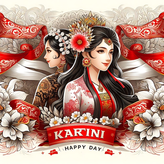 un poster di una donna Hari Kartini con fiori e una foto di una donna in kimono