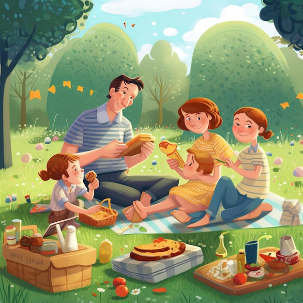 un poster di una famiglia che cucina in un parco con un uomo e due bambini.