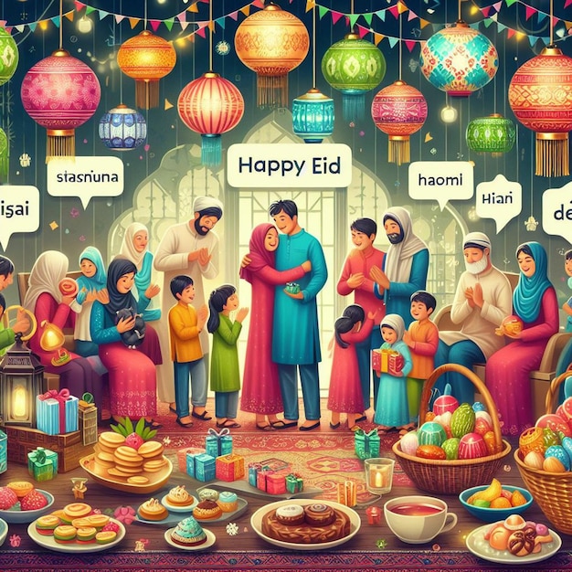 un poster di una famiglia con le parole felice Eid