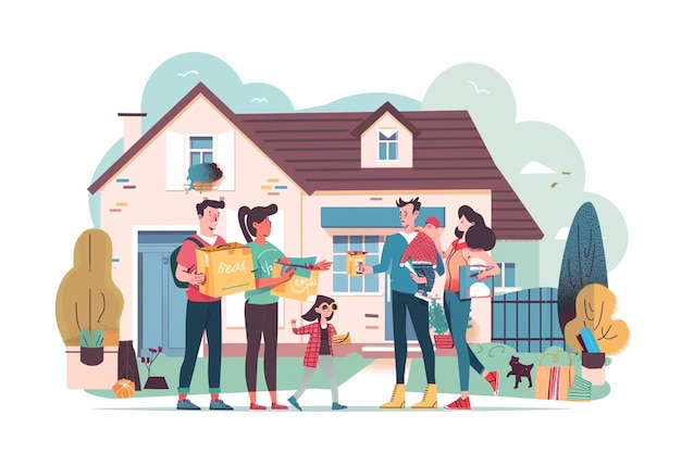 un poster di una famiglia di fronte a una casa con un cartello che dice famiglia
