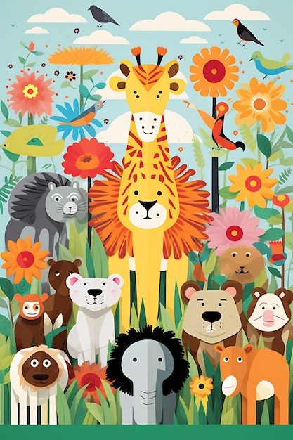 un poster di una giraffa e altri animali