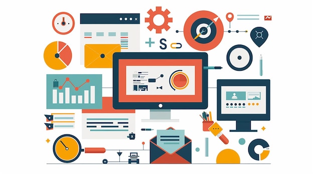 un poster di una grafica con una grafica di un computer e una grafica d'un biglietto da visita
