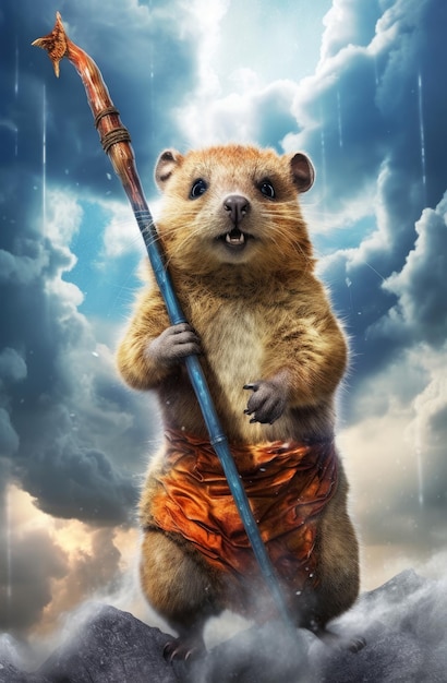 Un poster di una marmotta che impugna una lancia con sopra la parola criceto.