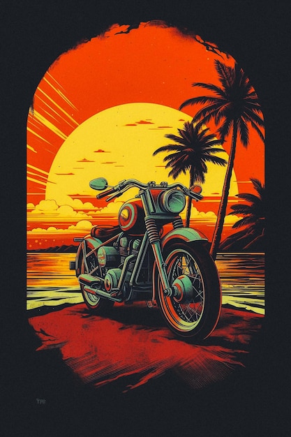 Un poster di una motocicletta sulla spiaggia con palme sullo sfondo.