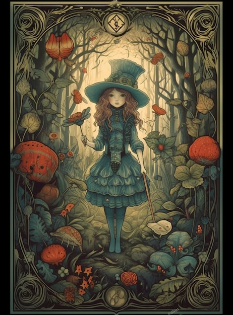 Un poster di una ragazza con un cappello con sopra un bastone e un fungo.