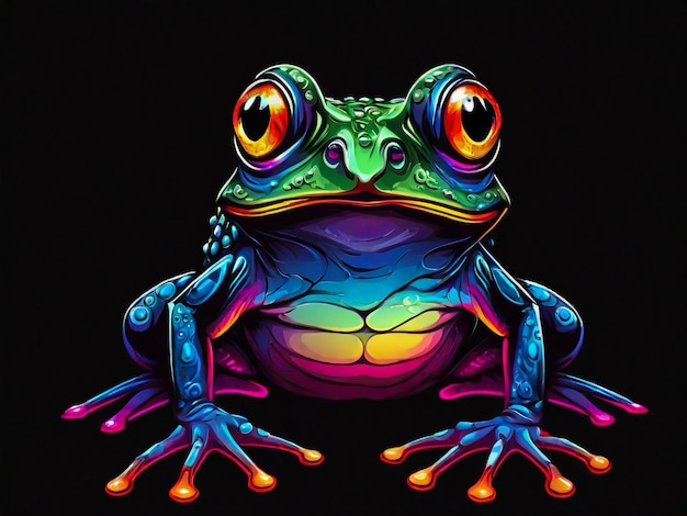 un poster di una rana con uno sfondo colorato e un'immagine colorata di una rana dagli occhi rossi