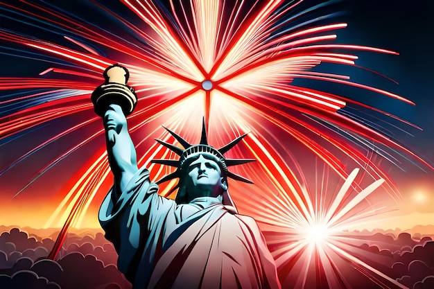 Un poster di una statua della libertà con fuochi d'artificio sullo sfondo.