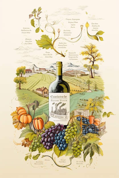 un poster di una vigna con una bottiglia di vino e uva