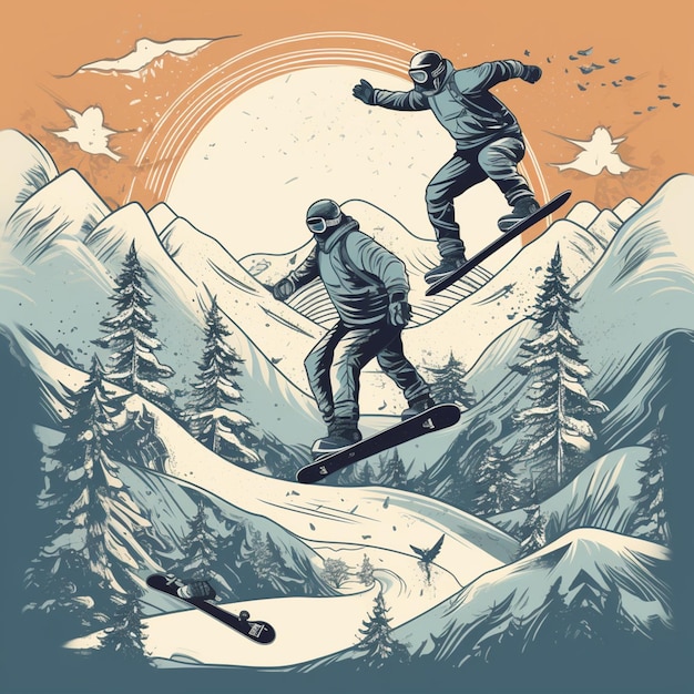 Un poster di uno snowboarder che fa un trucco in montagna.