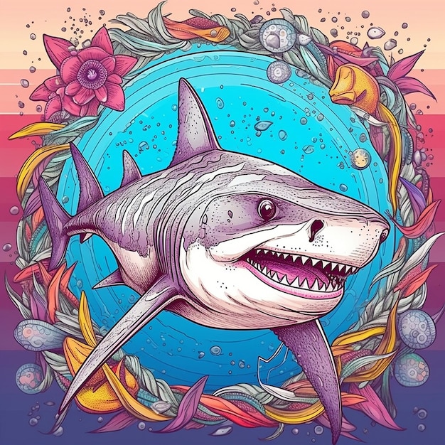 un poster di uno squalo con uno squalo in cima.