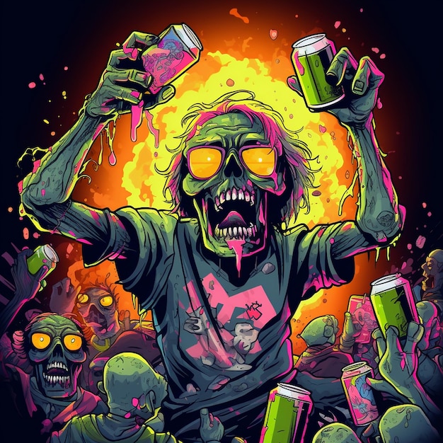 un poster di uno zombie con una bottiglia di birra in mano.