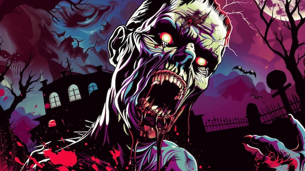 un poster di uno zombie con una grande bocca piena di sangue