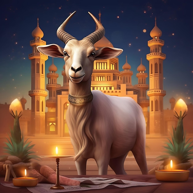 Un poster festivo con una capra davanti a una moschea nel deserto