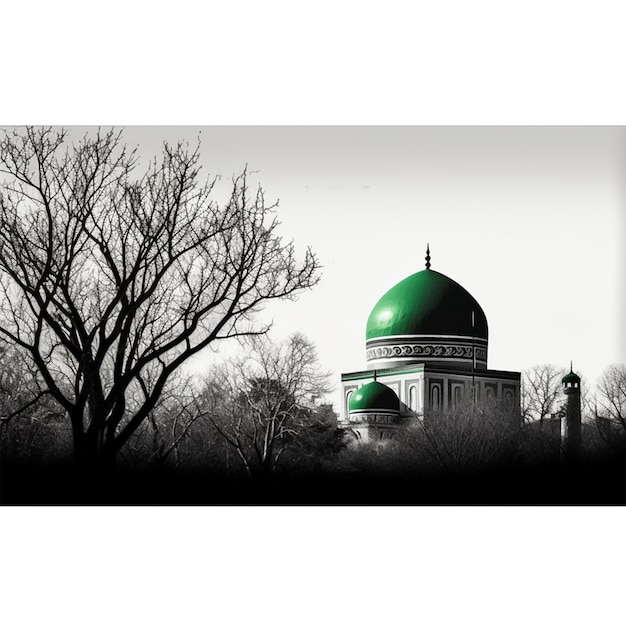 Un poster in bianco e nero con una moschea dalla cupola verde